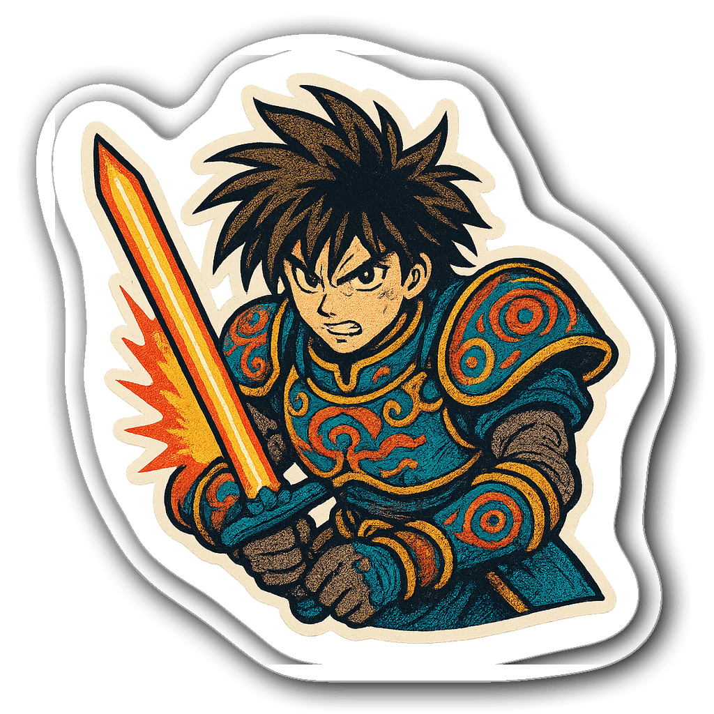 Retro anime warrior sticker with spiky hair and a glowing sword