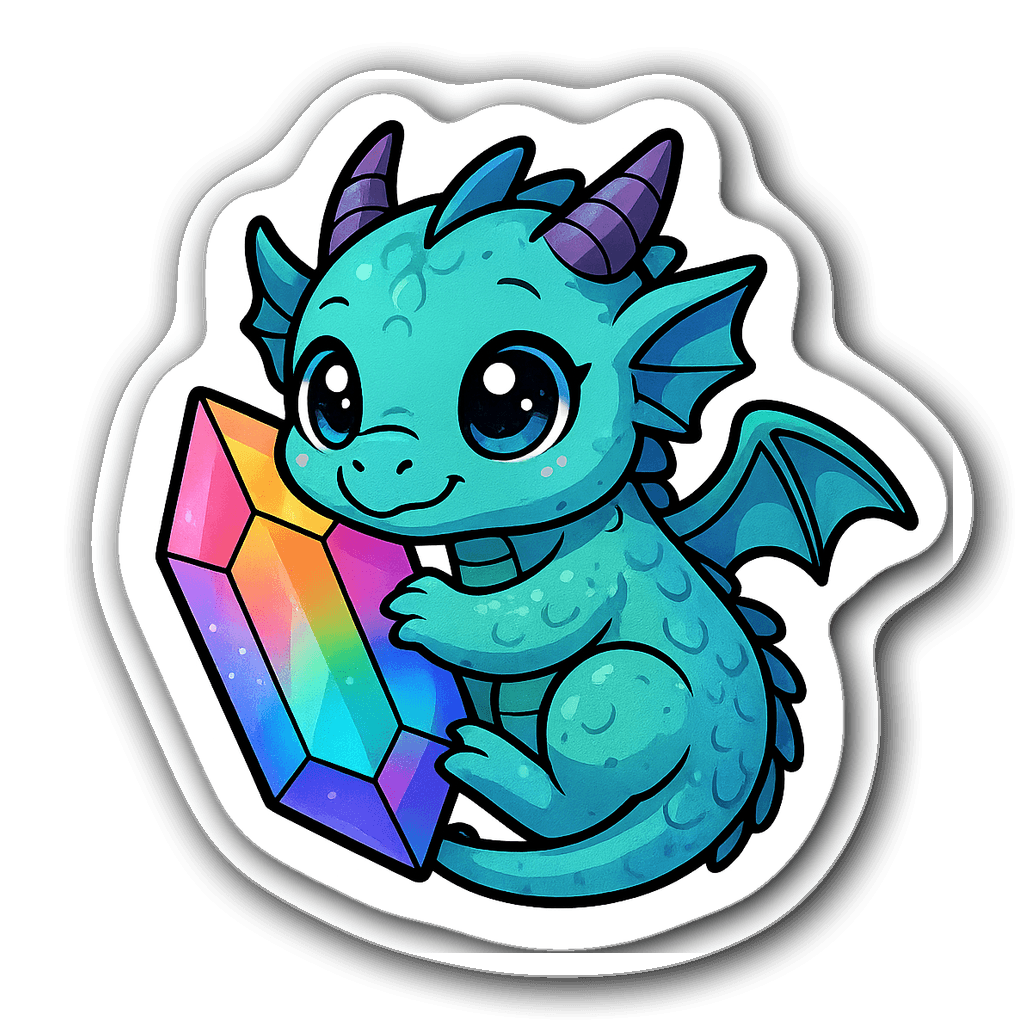 Cute chibi-style dragon curling around a colorful crystal