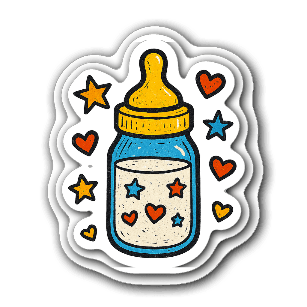 Cute baby bottle sticker with yellow cap and colorful milk