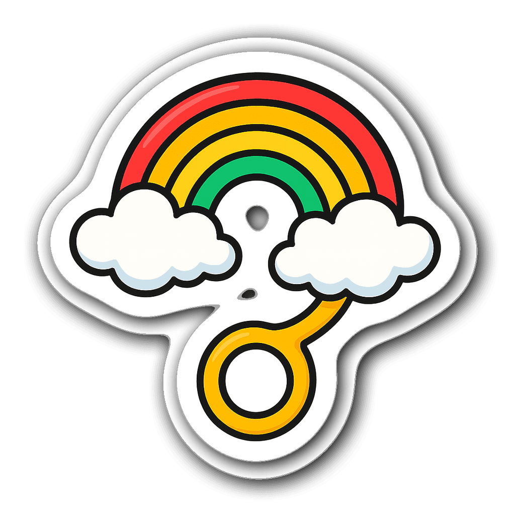 A colorful rainbow rattle sticker with fluffy clouds