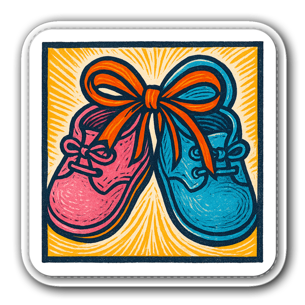 Baby shoes in pink and blue tied with a ribbon in linocut style
