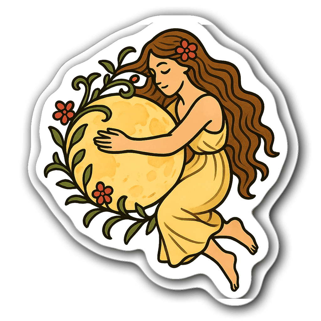Whimsical Virgo woman embracing a bright full moon with vines