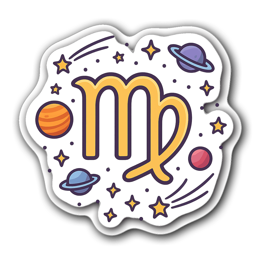 Virgo astrological symbol surrounded by colorful planets and stars