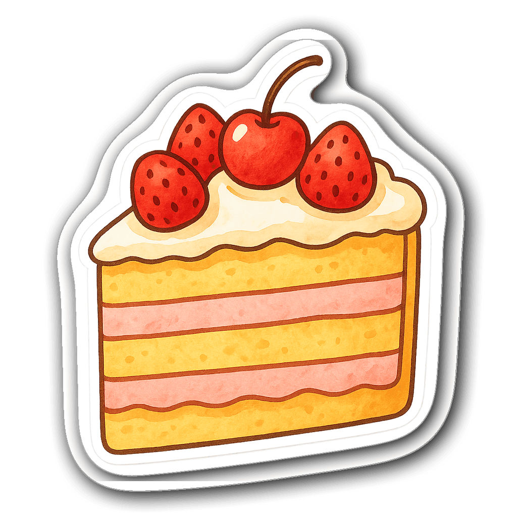 Watercolor illustration of a birthday cake with strawberries and cherry