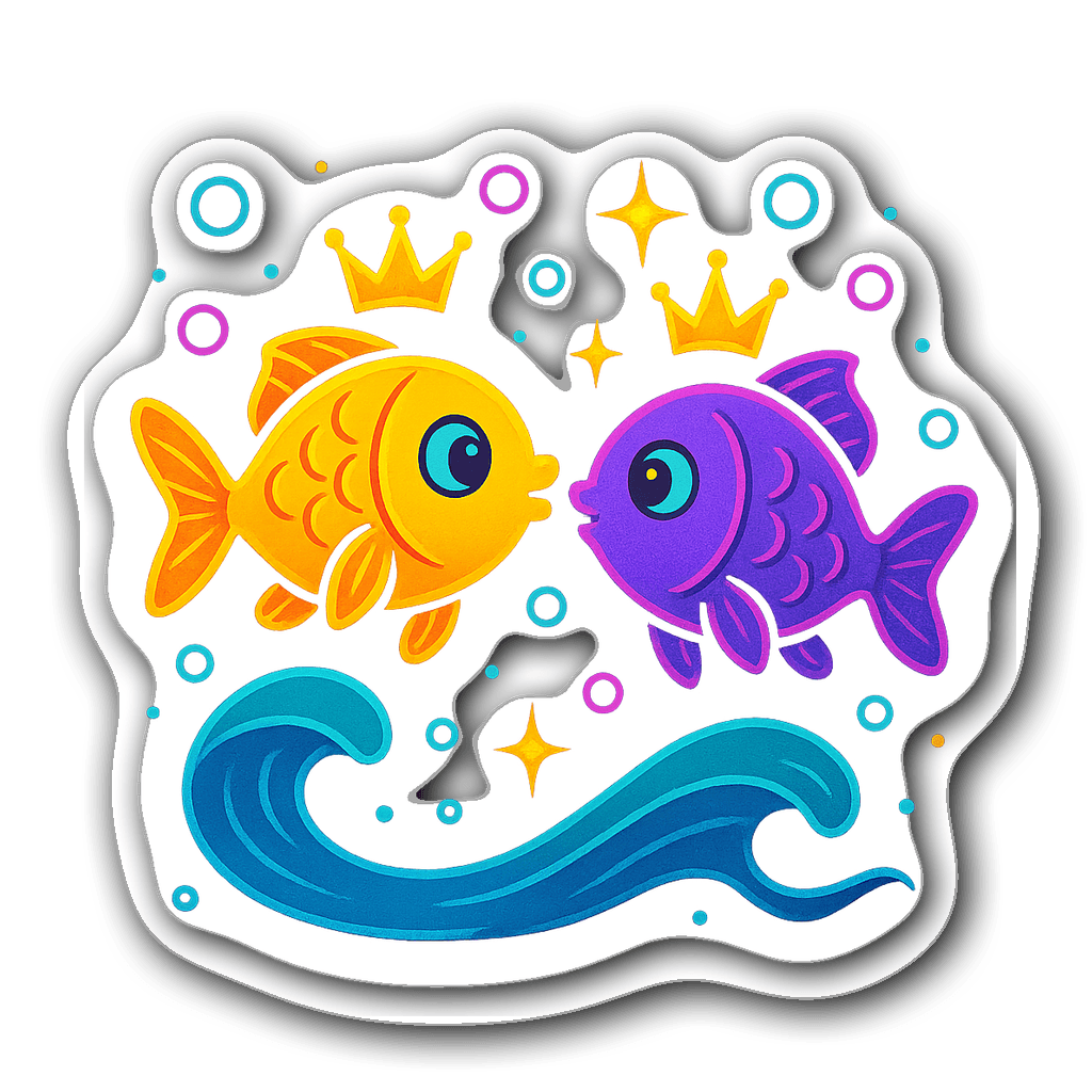 Whimsical Pisces sticker with cartoonish fish and crowns