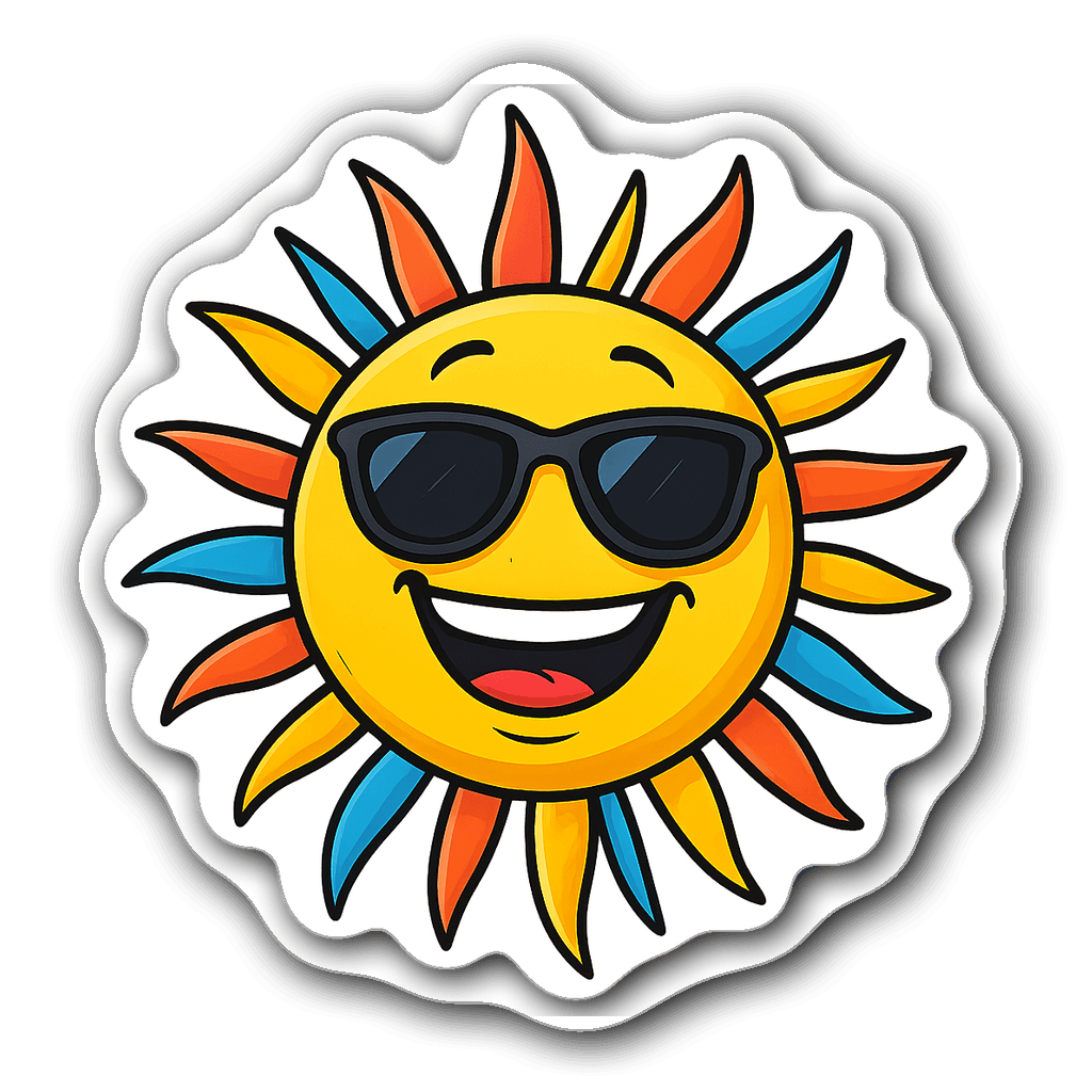 Cartoon sun wearing sunglasses with colorful sunbeams