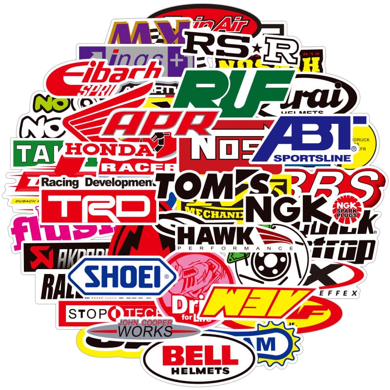 Colorful stickers for cars and motorcycles in various designs.