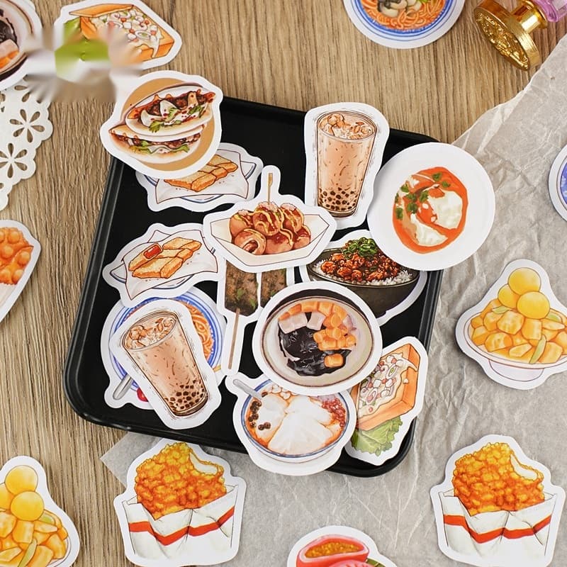 Retro style stickers featuring night market snacks