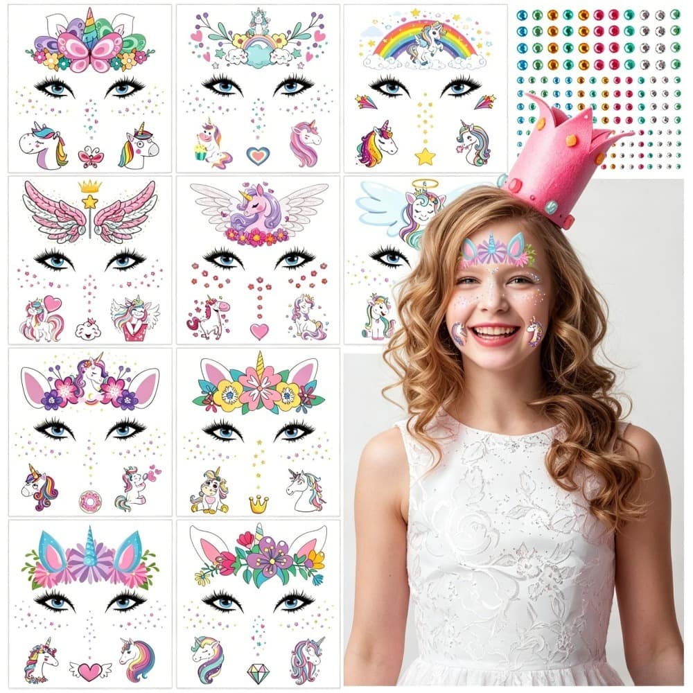 Set of unicorn face stickers with glitter decorations