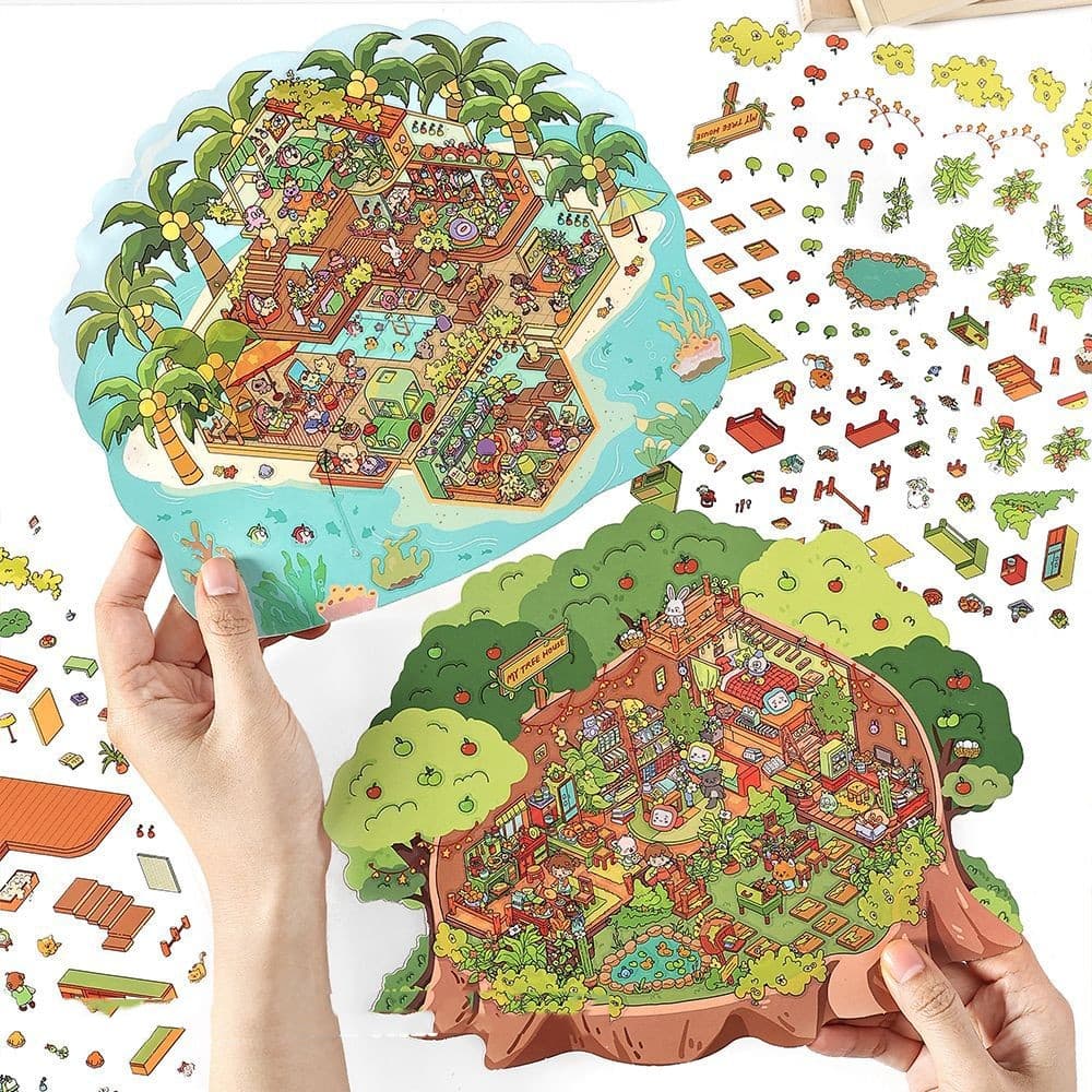 Three-dimensional cottage decoration sticker with sea studio and forest cabin designs.