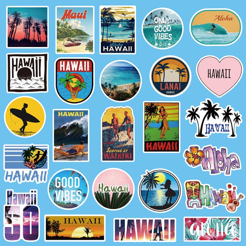 Set of colorful Hawaii themed travel stickers