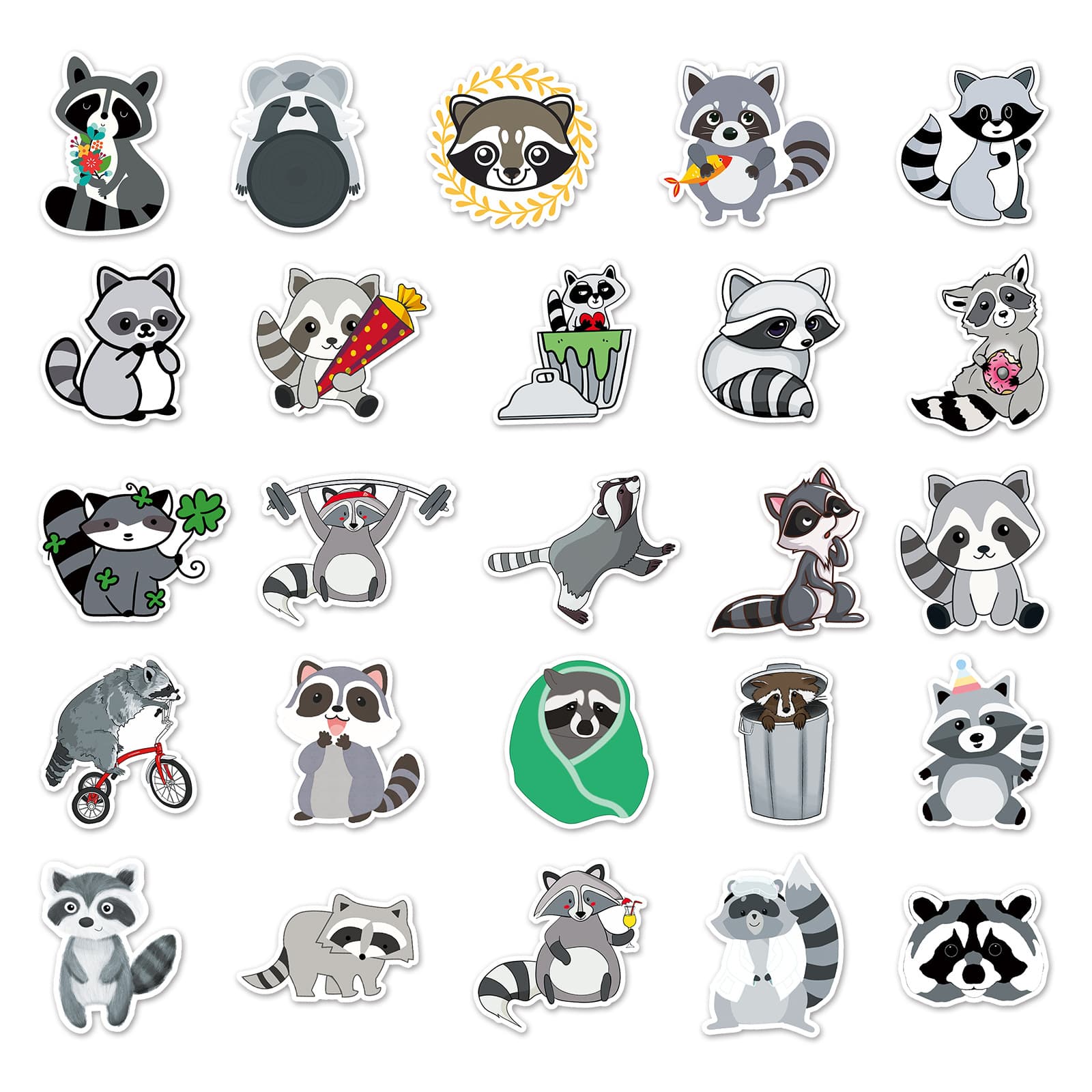 Cute coati decorative waterproof stickers in various designs.