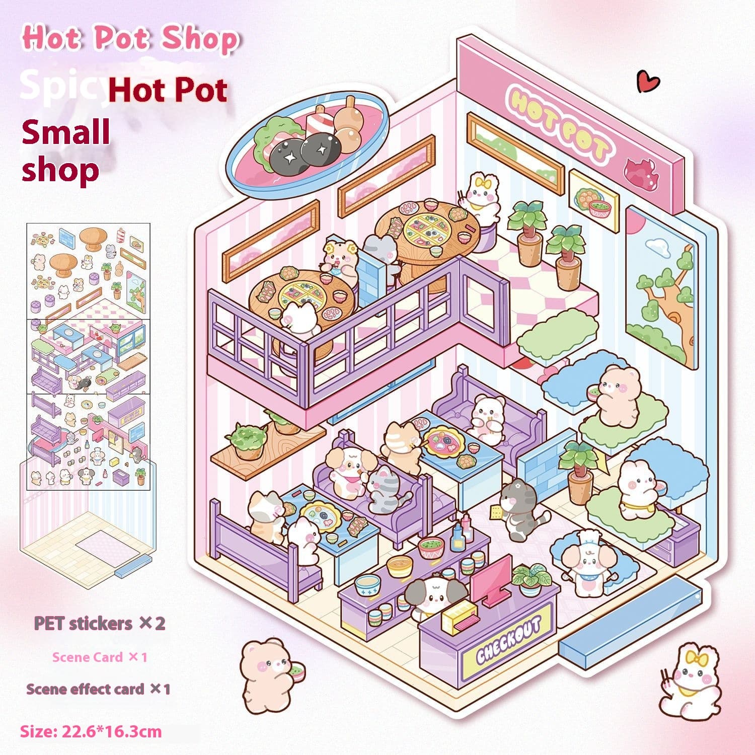 Variety of cute miniature cartoon stickers including houses and shops