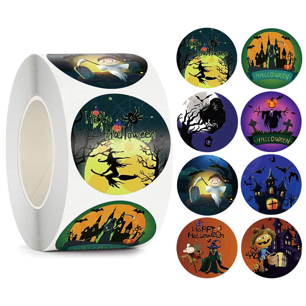 Happy Halloween stickers featuring colorful toy animals.
