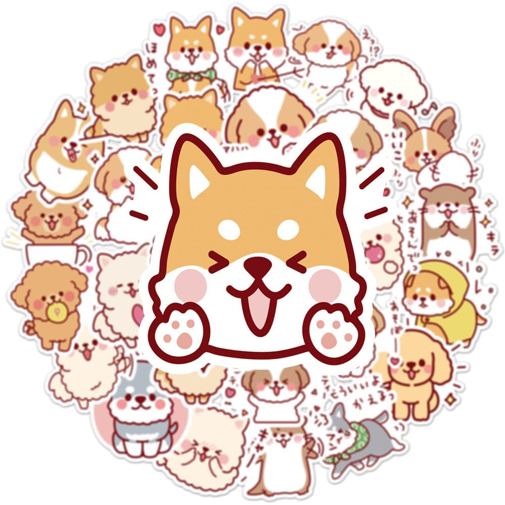 A variety of cute dog graffiti stickers in vibrant colors.